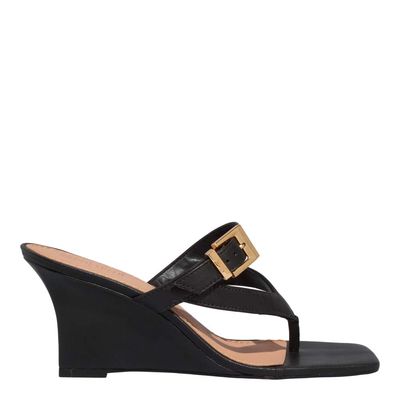Mule Thong Couro Anabela Preto Fivela