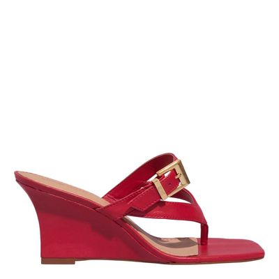 Mule Thong Couro Anabela Vermelho Fivela