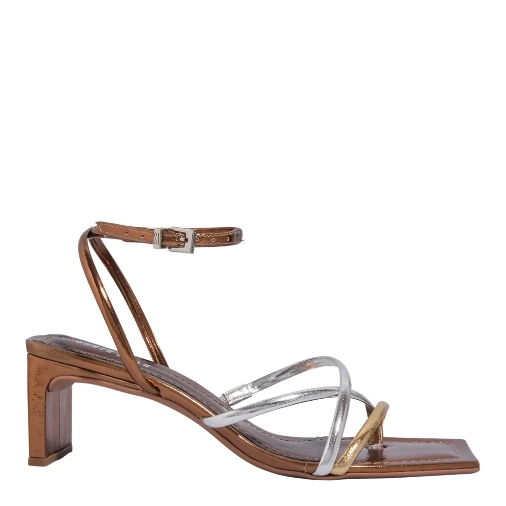 ビリヤード Sato Sandália Metalizada Reflexo Bronze Salto Reto Bico Quadrado