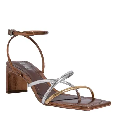 Sandália Metalizada Reflexo Bronze Salto Reto Bico Quadrado