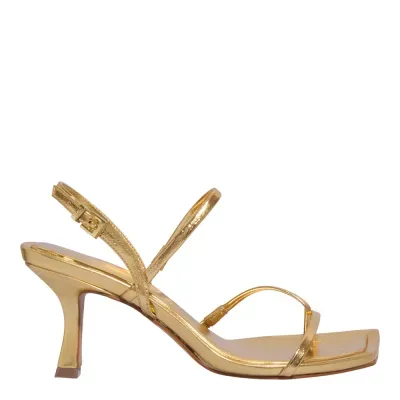 Sandália Couro Metalizado Dourada Bico Quadrado Salto Alto Fino