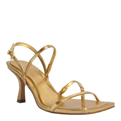 Sandália Couro Metalizado Dourada Bico Quadrado Salto Alto Fino