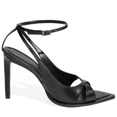 Sandália Peep Toe Preta Couro Salto Alto Bico Folha