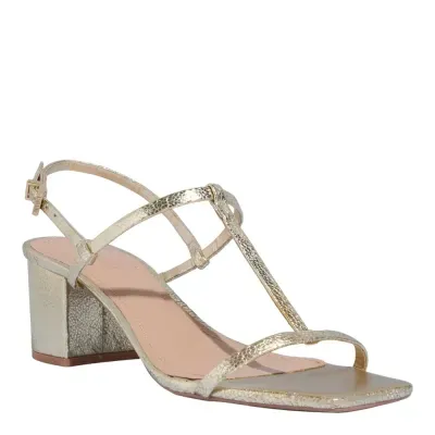 Sandália Tecido Splendore Metalizado Dourada Salto Grosso