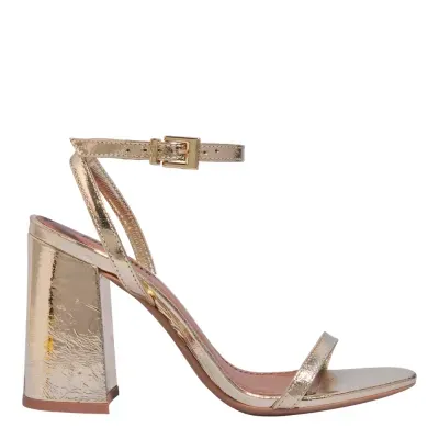 Sandália Couro Metalizado Dourada Salto Grosso