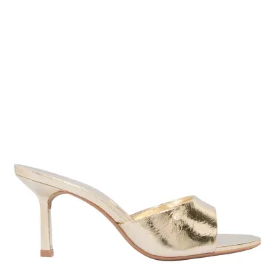 Mule Couro Metalizado Dourado Salto Alto Fino