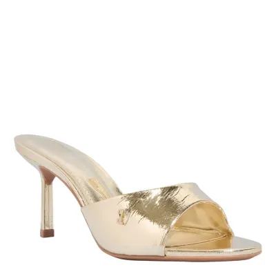 Mule Couro Metalizado Dourado Salto Alto Fino