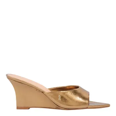 Mule Couro Metalizado Bronze Salto Anabela Bico Fino