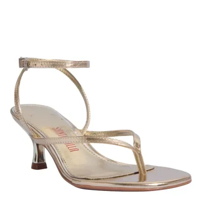 Sandália Metalizada Salto Baixo Fino Dourado