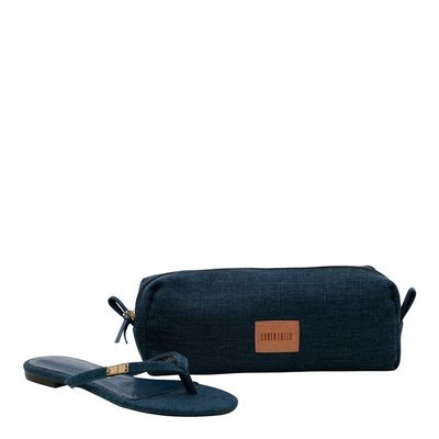 Rasteira Linho Gaudi Azul Marinho com Necessaire