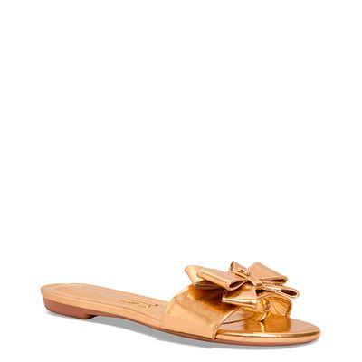 Rasteira Flat Metalizada Dourada Laço