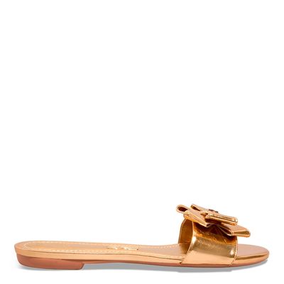 Rasteira Flat Metalizada Dourada Laço