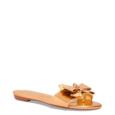 Rasteira Flat Metalizada Dourada Laço