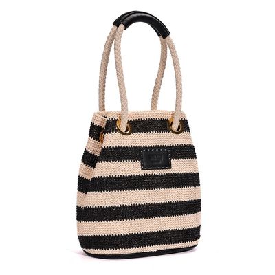 Bolsa Bucket Tramado Alça De Mão Listrada Preta a Branco