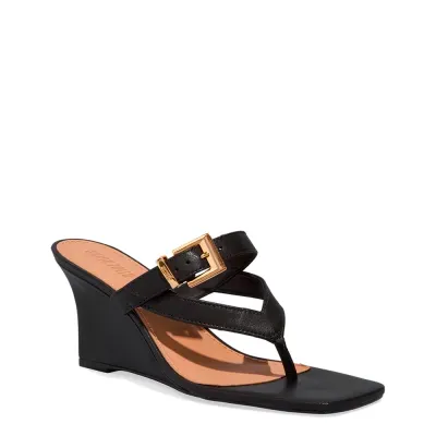 Mule Thong Couro Anabela Preto Fivela