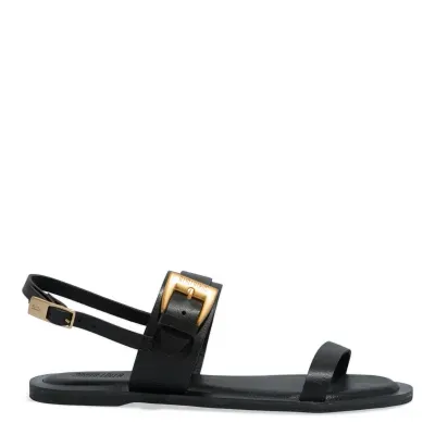 Sandália Rasteira Couro Preta Fivela