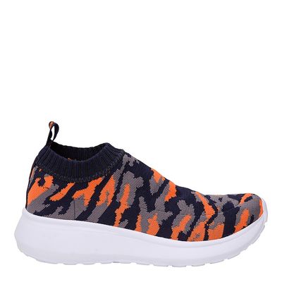 Tênis tecido lycra camuflado preto e laranja