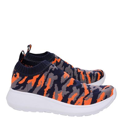 Tênis tecido lycra camuflado preto e laranja