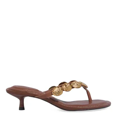 Mule Thong Napa Marrom Tachas Salto Baixo