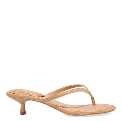 Mule Thong Couro Nobre Salto Baixo Bege