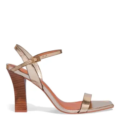 Sandália Couro Metalizado Bico Quadrado Dourado