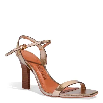 Sandália Couro Metalizado Bico Quadrado Dourado