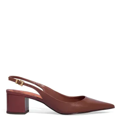 Scarpin Slingback Couro Salto Bloco Marrom Dark