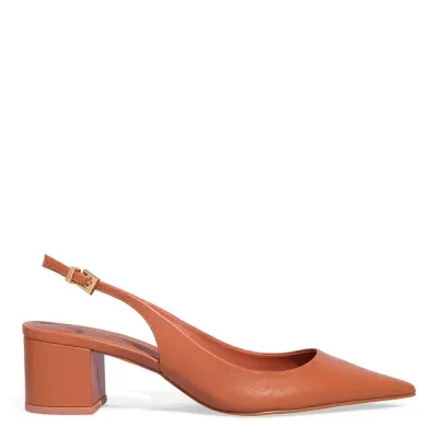 Scarpin Slingback Couro Salto Bloco Marrom Safari