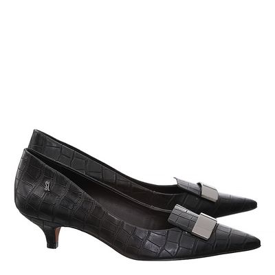 Scarpin Croco Salto Baixo Metal Preto