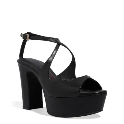 Sandália Plataforma Couro Tira Cruzada Preta
