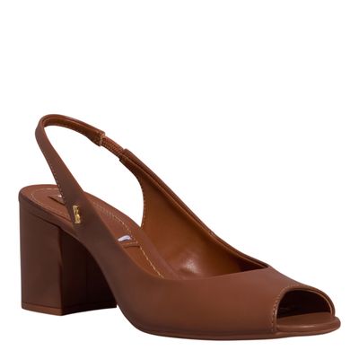Peep Toe Slingback Couro Marrom Salto Grosso