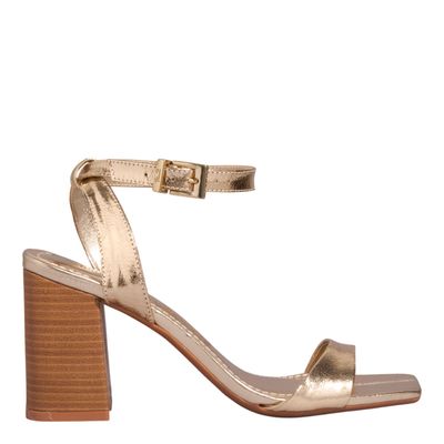 Sandália Couro Metalizado Dourado Salto Fachete