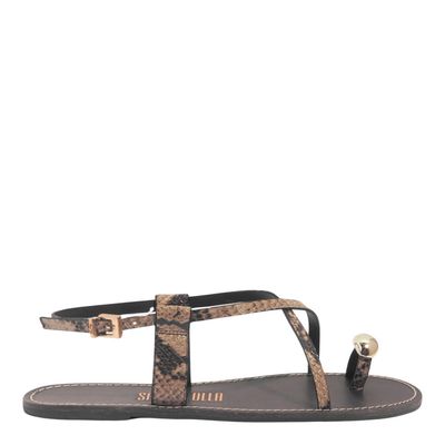 Rasteira Couro Estampa Cobra Pespontos Bege