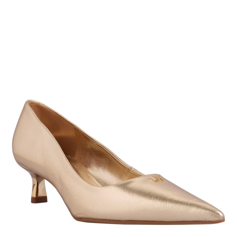 Scarpin Napa Serena Metalizado Dourado Bico Fino Salto Baixo - Degalls