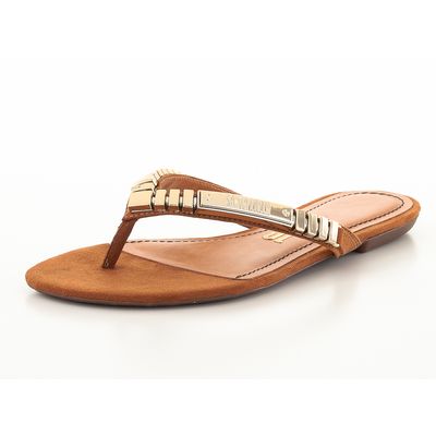 Rasteira Suede Caramelo e Dourado