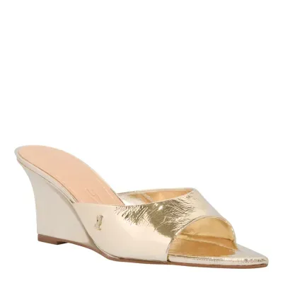 Mule Couro Metalizado Dourado Salto Anabela Bico Fino