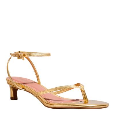 Sandália Thong Metalizada Dourada Salto Baixo