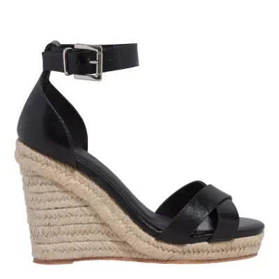 Sandália Espadrille Couro Confort Salto Anabela Preto