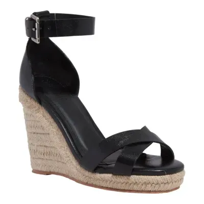 Sandália Espadrille Couro Confort Salto Anabela Preto