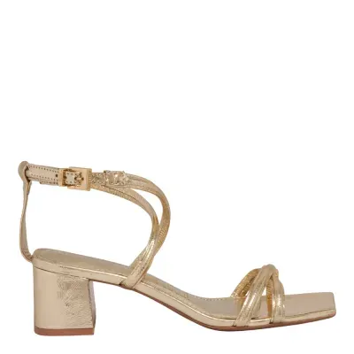 Sandália Couro Metalizado Bico Quadrado Dourado