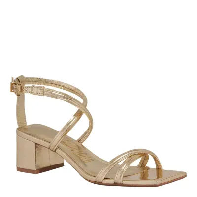 Sandália Couro Metalizado Bico Quadrado Dourado