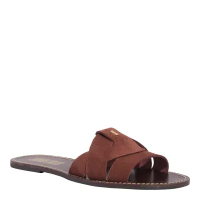 Rasteira Flat Tiras Entrelaçadas Couro Camurça Marrom