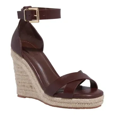 Sandália Espadrille Couro Confort Salto Anabela Marrom Dark