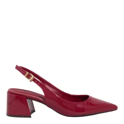 Scarpin Slingback Verniz Anzeli Vermelho Marsala Bico Fino Salto Grosso