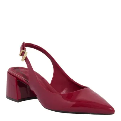 Scarpin Slingback Verniz Anzeli Vermelho Marsala Bico Fino Salto Grosso
