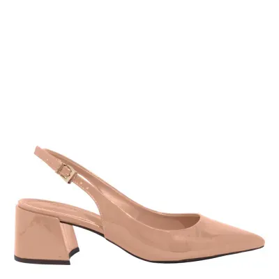 Scarpin Slingback Verniz Anzeli Bege Bico Fino Salto Grosso
