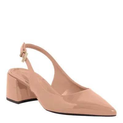 Scarpin Slingback Verniz Anzeli Bege Bico Fino Salto Grosso