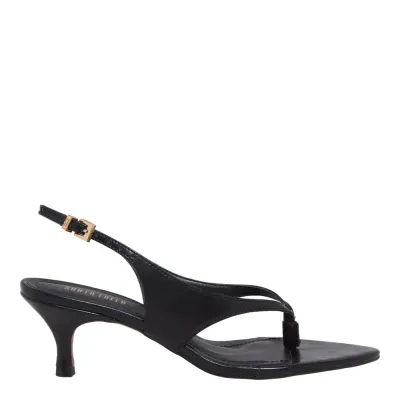 Sandália Napa Madri Preto Bico Folha Salto Baixo Fino