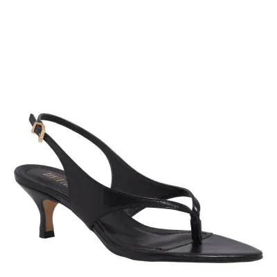 Sandália Napa Madri Preto Bico Folha Salto Baixo Fino