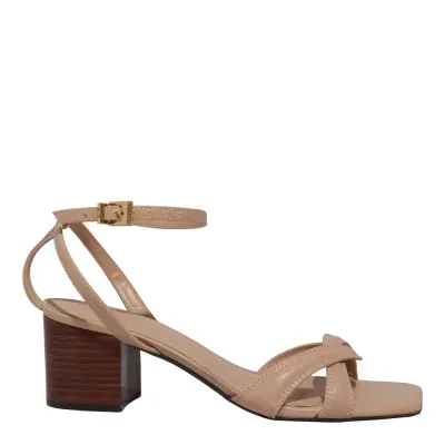 Sandália Couro Confort Salto Grosso Bico Quadrado Bege